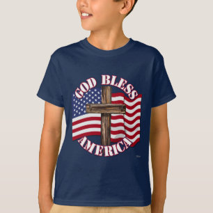 T-shirt God Bless American with USA Flag & Cross