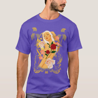 T-shirt Gold Moon Goddess Koi Fish Botanical Floral Red