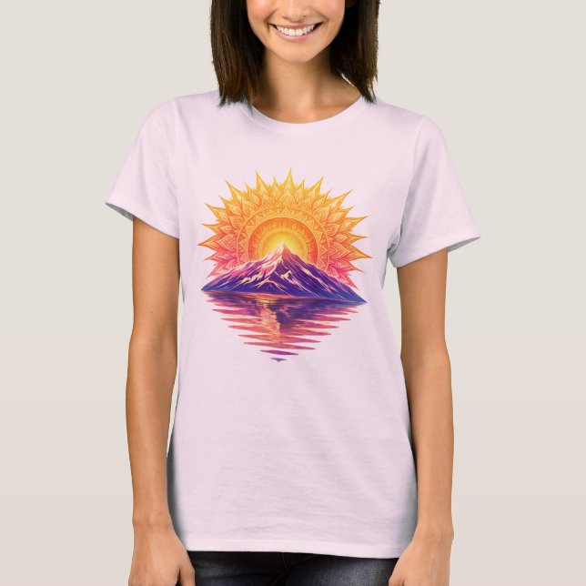 T-shirt Golden Boho Mandala Sun Mountain Sunset Reflection (Devant)