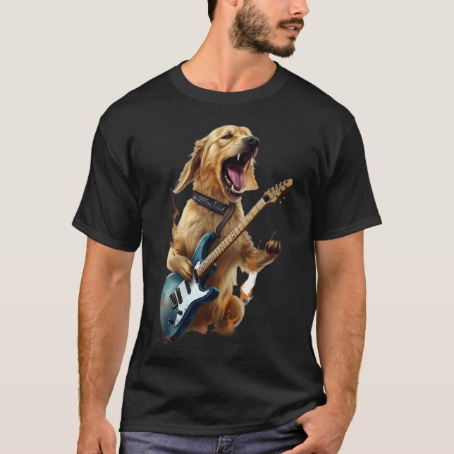 T-shirt Golden Retriever Chien Jouant Sur Guitare Électriq (Devant)