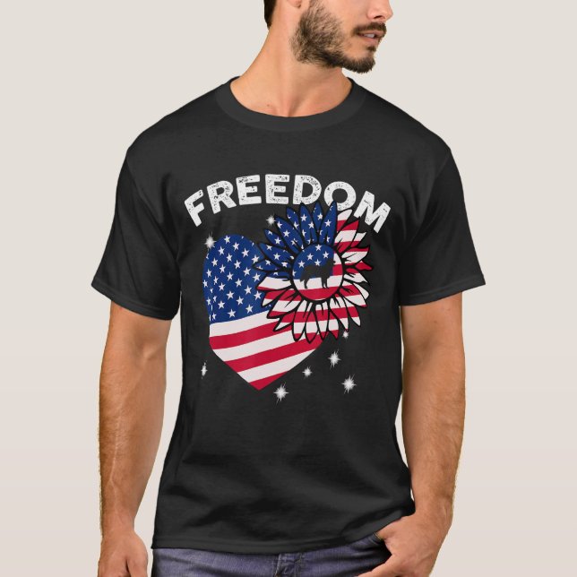 T-shirt Golden Retriever Sunflower Heart American Flag Fre (Devant)