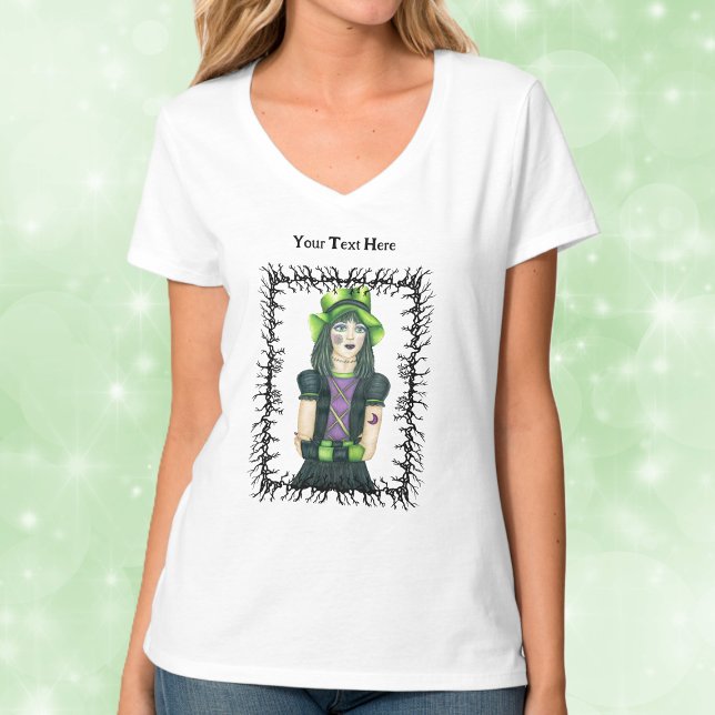 T-shirt Goth Girl Green Casquette tatouages Barbelés Branc (Pretty Goth girl green hat tattoos framed in black barbed branches on woman's tee shirt.)