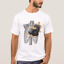 T-shirt Gothique Noir Rose or feuille squelette torse