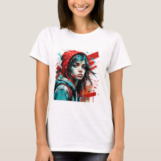 T-shirt Graffiti de Portrait de femme Abstraite rouge bleu