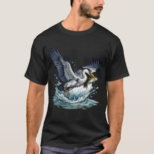 T-shirt Grand Héron Bleu Attrapant Des Poissons Zones Humi