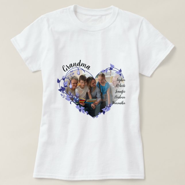 T-shirt Grand-mère coeur de fleur avec petits-enfants Nom  (Design devant)