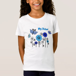T-Shirt Grande soeur, papillons bleus et blancs et fleurs