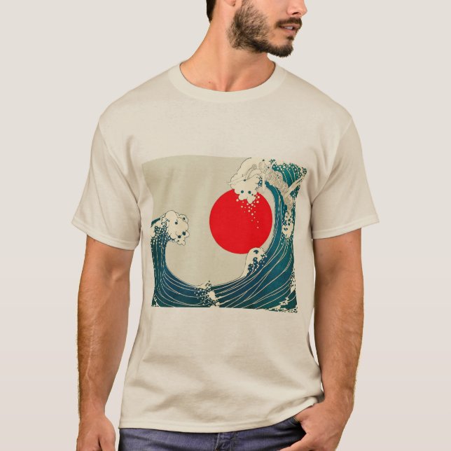 T-shirt GRANDE VAGUE ET ROUGE SOLEIL Bleu Blanc Nautique (Devant)