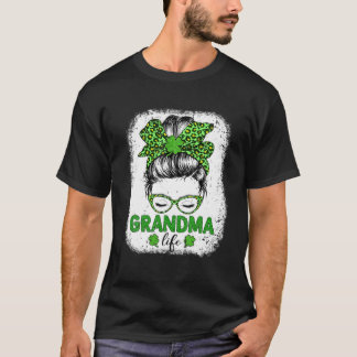 T-shirt Grandma Clover Messy Bun Leopard Funny St Patrick'