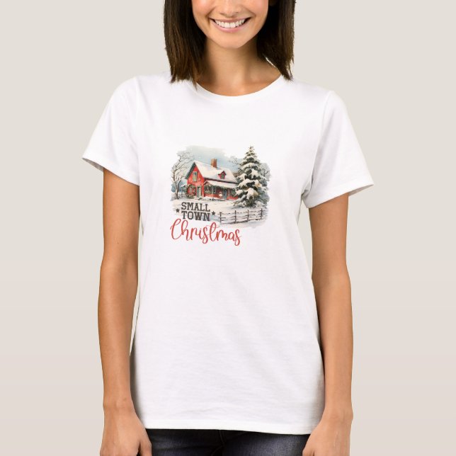 T-shirt Grange rouge rétro petite ville scène de Noël cosy (Devant)