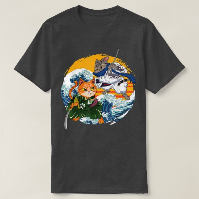 T-shirt graphique japonais Samurai Ninja Cat Kawai (Design devant)