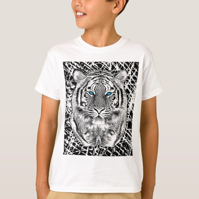 T-shirt Graphique noir et blanc de tigre d'yeux bleus (Devant)