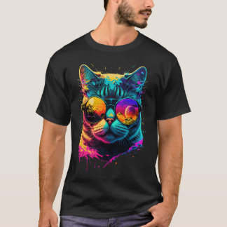 T-shirt Graphisme de chat coloré portant des lunettes