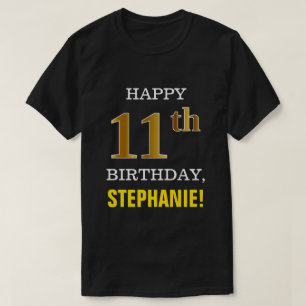 T-shirt Gras, Noir, Faux Or 11ème anniversaire avec nom Ch