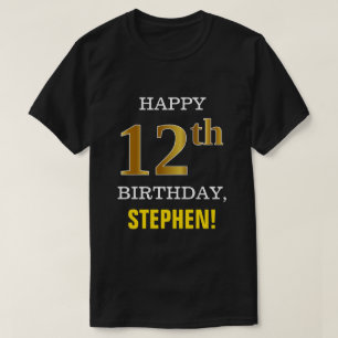 T-shirt Gras, Noir, Faux Or 12ème anniversaire avec nom Ch