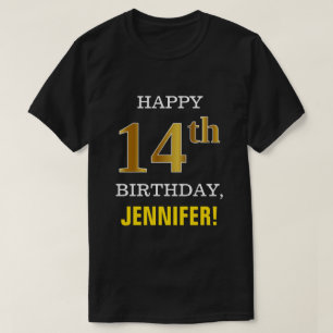 T-shirt Gras, Noir, Faux Or 14ème anniversaire avec nom Ch