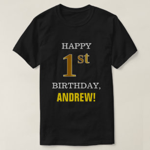 T-shirt Gras, Noir, Faux Or 1er Anniversaire avec Nom Chem