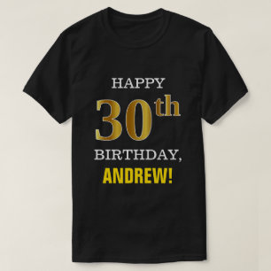T-shirt Gras, Noir, Faux Or 30ème anniversaire avec nom Ch