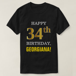 T-shirt Gras, Noir, Faux Or 34ème anniversaire avec nom Ch
