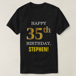 T-shirt Gras, Noir, Faux Or 35ème anniversaire avec nom C