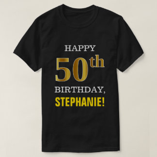 T-shirt Gras, Noir, Faux Or 50ème anniversaire avec nom Ch