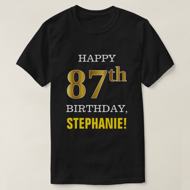 T-shirt Gras, Noir, Faux Or 87ème anniversaire avec nom Ch (Design devant)