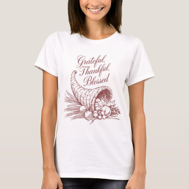 T-shirt Grateful Thankful Blessed Cornucopia Line Art (Devant)