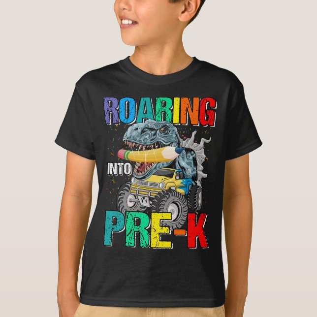 T-shirt Gravure dans pré-K Monster Truck Dinosaur Garçons (Devant)
