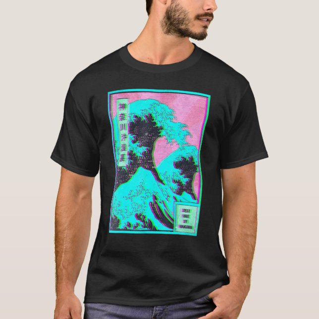 T-shirt Great Wave off Kanagawa Vaporwave Glitch Aesthetic (Devant)