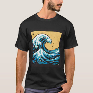 T-shirt Great Wave Under a Yellow Sky. Vector graphic.
