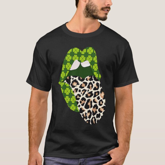 T-shirt Green Lips Leopard Print Tongue Out St Patricks Da (Devant)
