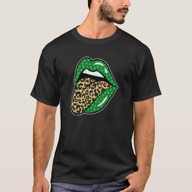 T-shirt Green Lips Leopard Print Tongue Out St Patricks Da (Devant)