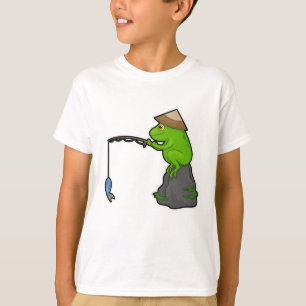 T-shirt Grenouille sur pierre à la pêche avec bâtonnet de 