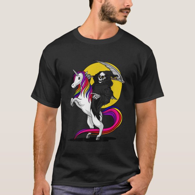T-shirt Grim Reaper Skeleton Death Riding Unicorn Hallowee (Devant)