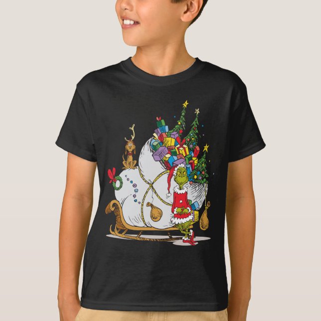 T-shirt Grinch classique | Grinch & Max avec Sleigh (Devant)
