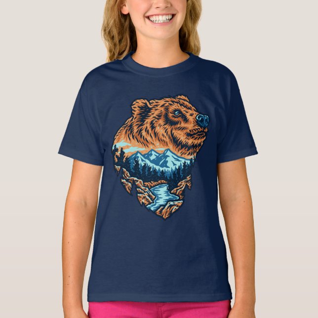 T-shirt Grizzly Bear Head Silhouette Mountain Forest River (Devant)