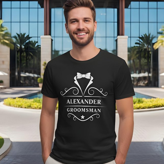 T-shirt Groomsman Tuxedo Cravate noir (Customize to change text size. Choose from a variety of shirt colors and styles.)
