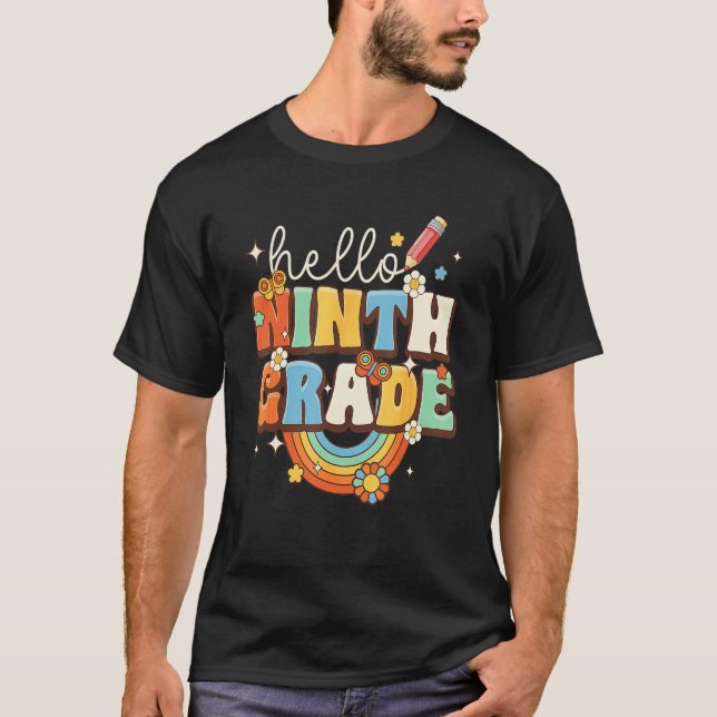 T-shirt Groovy Hello Ninth Grade Vibes Retro Teacher Back  (Devant)