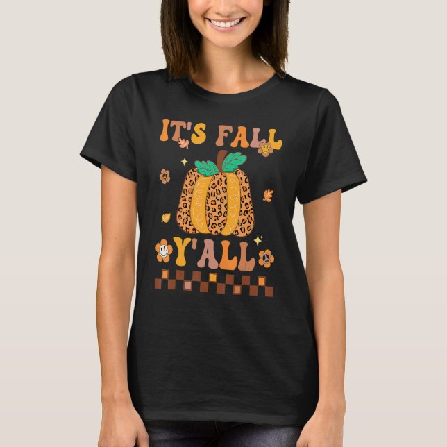 T-shirt Groovy It's Fall Y'all Leopard Pumpkin Autumn Than (Devant)