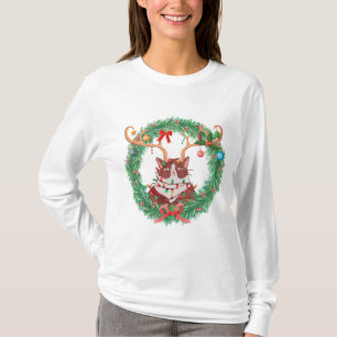 T-shirt Grumeux Noël Cat Reindeer Wreath Long Sleft