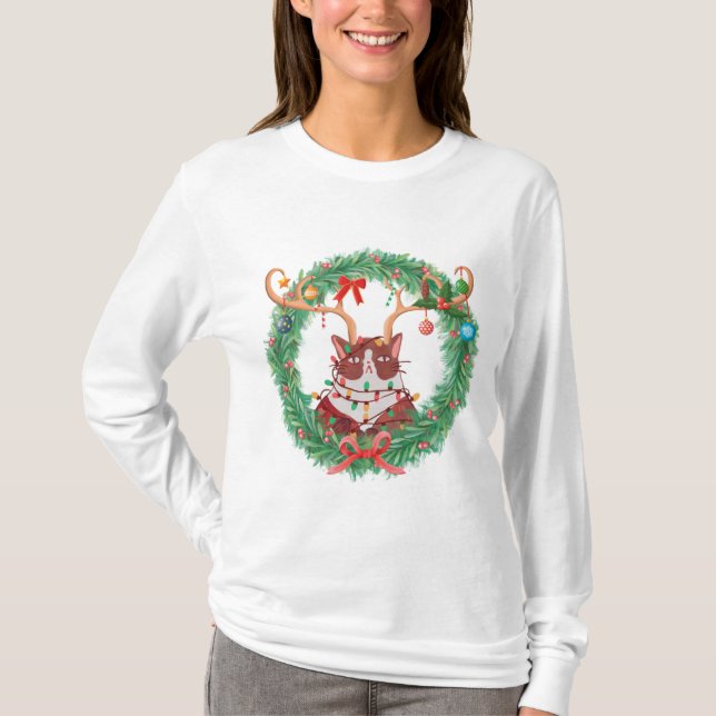 T-shirt Grumeux Noël Cat Reindeer Wreath Long Sleft (Devant)