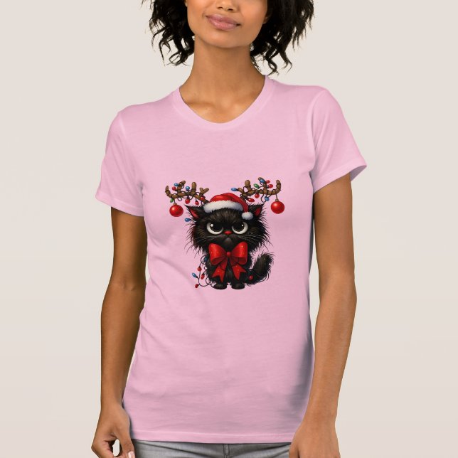 T-shirt Grumpy Christmas Cat with Santa Hat and Antlers (Devant)