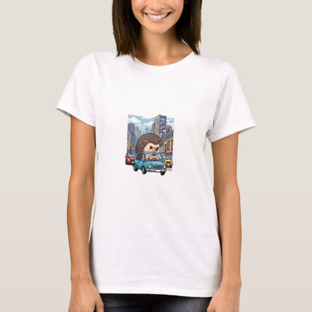 T-shirt Grumpy Hedgehog Road Rage Driving Blue Car in City (Devant)