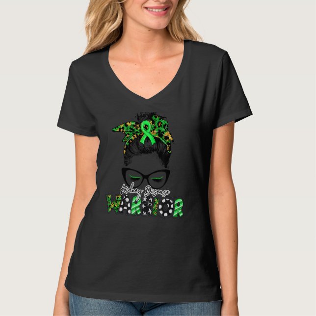 T-shirt Guerrière de la maladie du rein Leopard Messy Bun  (Devant)