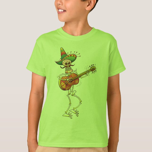T-shirt Guitare de jeu squelettique mexicaine (Devant)