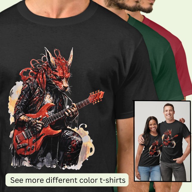 T-shirt Guitare Jouant Dragon Noir Rouge (Créateur téléchargé)