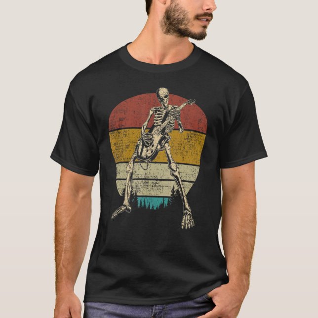 T-shirt Guitare Retro Squelette jouant Guitare électrique (Devant)