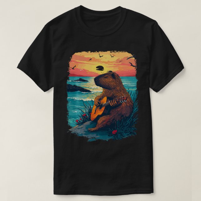 T-shirt GuitareJouer Capybara Coucher de soleil tropical 1 (Design devant)