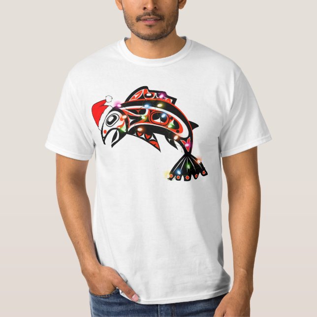T-shirt Haida Esprit Saumon Animal avec lumières de Noël (Devant)