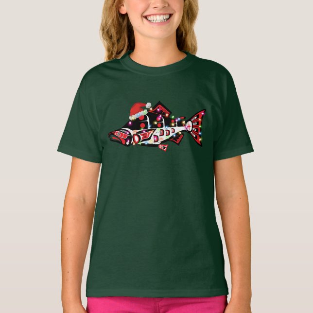 T-shirt Haida Esprit Saumon Animal avec lumières de Noël (Devant)